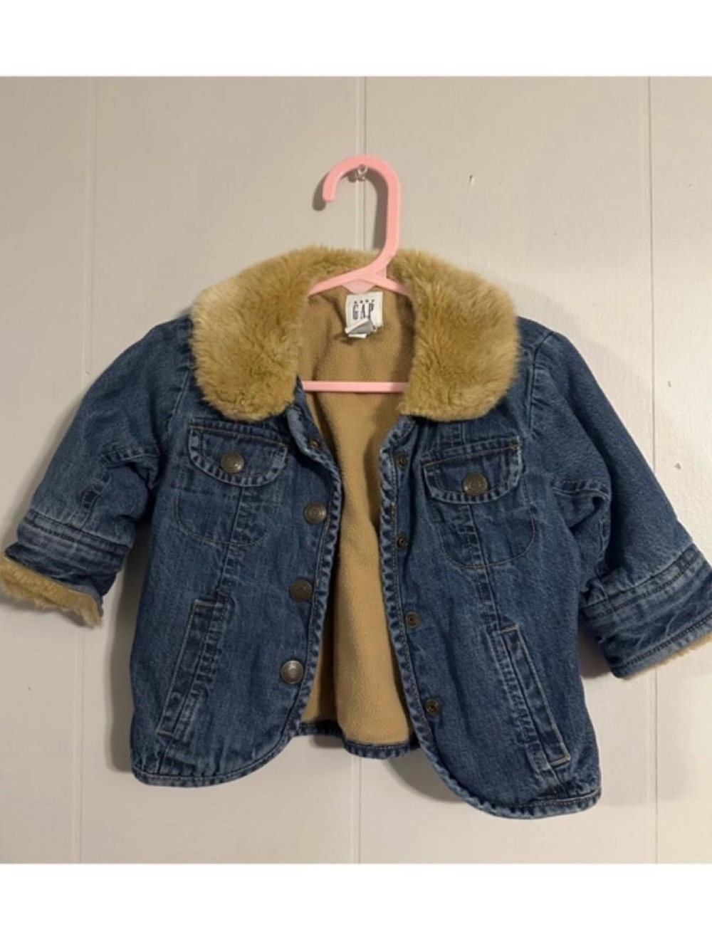 GAP Kids Blue Denim Jacket with Tan Faux Fur Collar